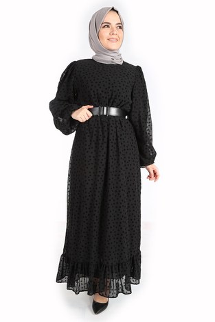 Papatya Desen Şifon Elbise 14348-1 Siyah - Thumbnail