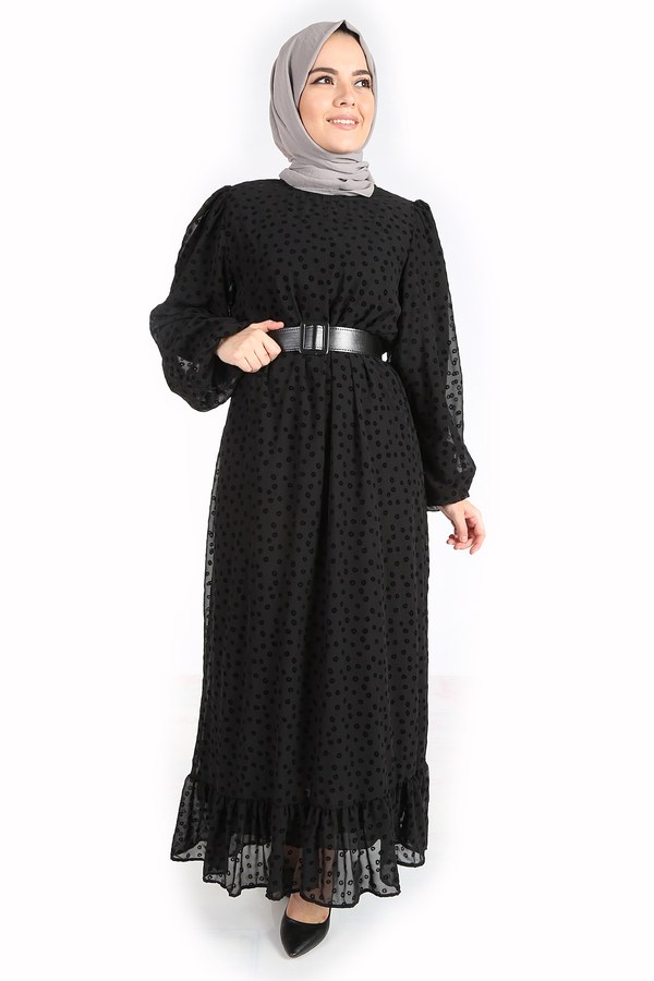 Papatya Desen Şifon Elbise 14348-1 Siyah