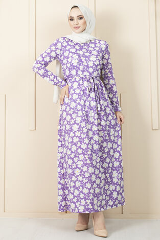 Papatya Desenli Elbise 180SB-15080 Lila - Thumbnail