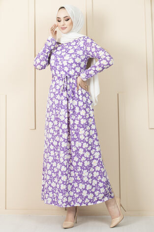 Papatya Desenli Elbise 180SB-15080 Lila - Thumbnail