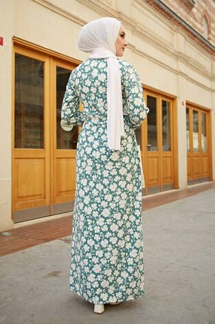 Papatya Desenli Tesettür Elbise 180SB-15080 Mint - Thumbnail