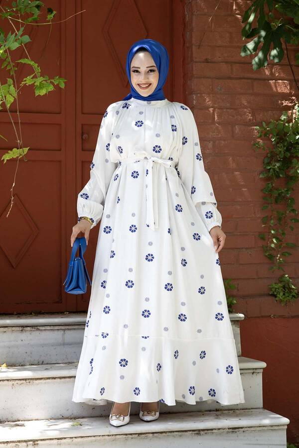 Papatya Desenli Elbise Mavi