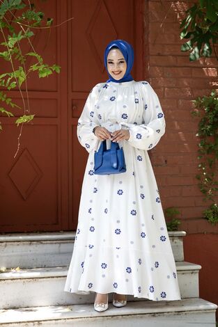 Papatya Desenli Elbise Mavi - Thumbnail