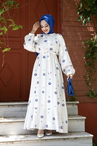 Papatya Desenli Elbise Mavi - Thumbnail