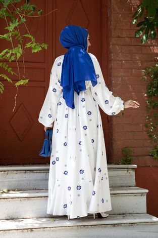 Papatya Desenli Elbise Mavi - Thumbnail