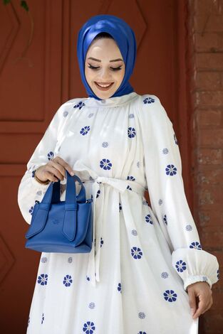 Papatya Desenli Elbise Mavi - Thumbnail