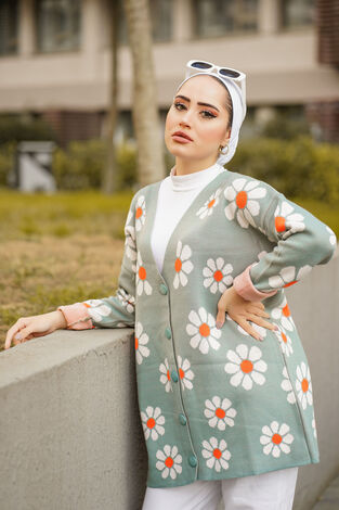 Papatya Desenli Tesettür Triko Hırka Mint - Thumbnail