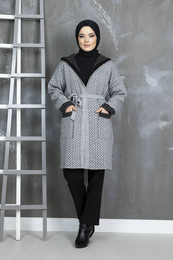 RAF - Paralel Desenli Kapüşonlu Triko Tesettür Hırka Gri (1)