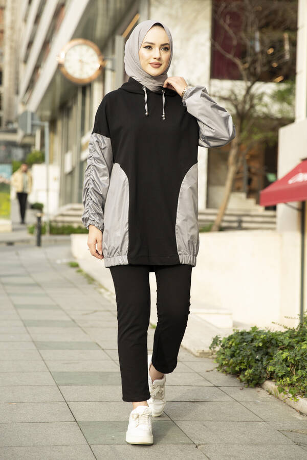 Paraşüt Detaylı Tesettür Takım Siyah