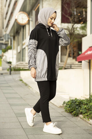 Paraşüt Detaylı Tesettür Takım Siyah - Thumbnail