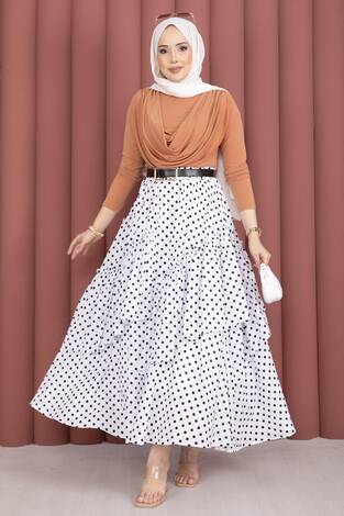 Parçalı Asimetrik Kesim Puantiyeli Etek Beyaz - Thumbnail