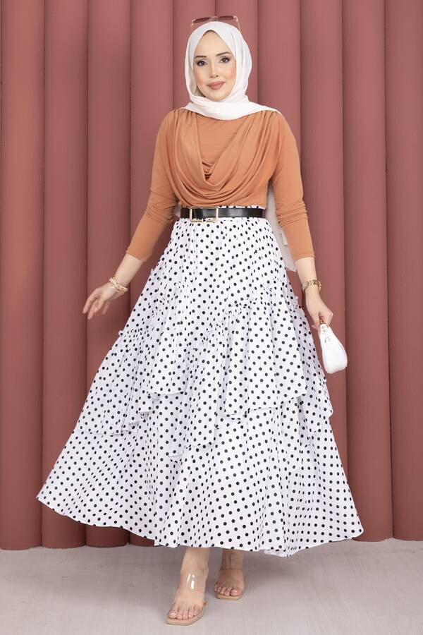 Sms - Parçalı Asimetrik Kesim Puantiyeli Etek Beyaz