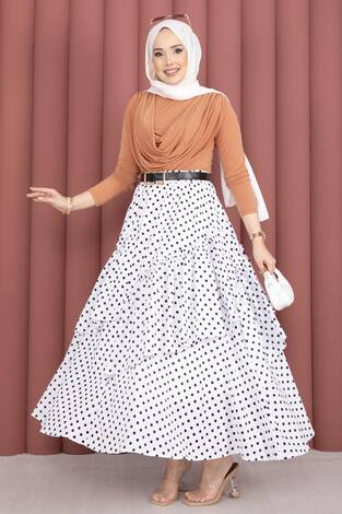 Parçalı Asimetrik Kesim Puantiyeli Etek Beyaz - Thumbnail