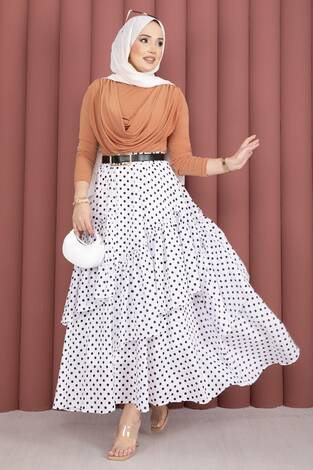 Parçalı Asimetrik Kesim Puantiyeli Etek Beyaz - Thumbnail