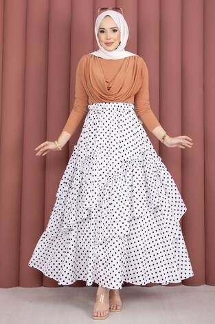 Parçalı Asimetrik Kesim Puantiyeli Etek Beyaz - Thumbnail