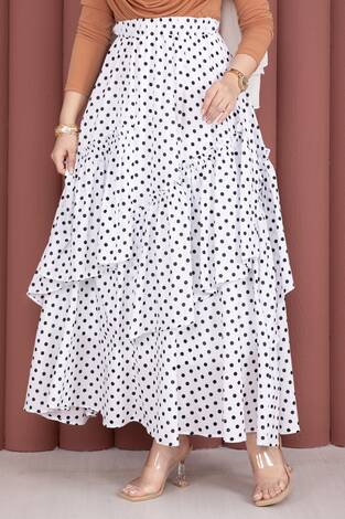 Parçalı Asimetrik Kesim Puantiyeli Etek Beyaz - Thumbnail