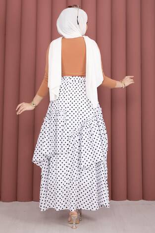 Parçalı Asimetrik Kesim Puantiyeli Etek Beyaz - Thumbnail