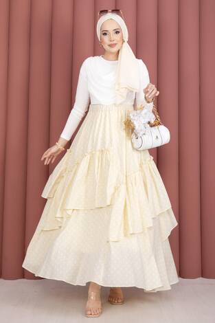 Parçalı Asimetrik Kesim Puantiyeli Etek Sarı - Thumbnail