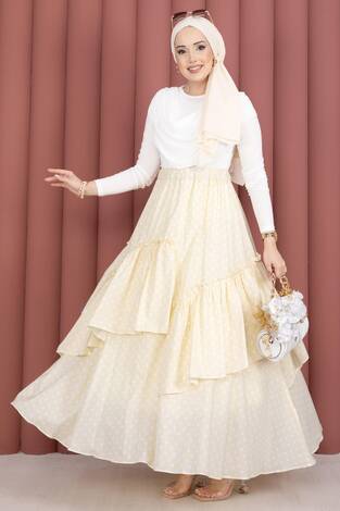 Parçalı Asimetrik Kesim Puantiyeli Etek Sarı - Thumbnail