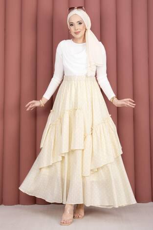 Parçalı Asimetrik Kesim Puantiyeli Etek Sarı - Thumbnail