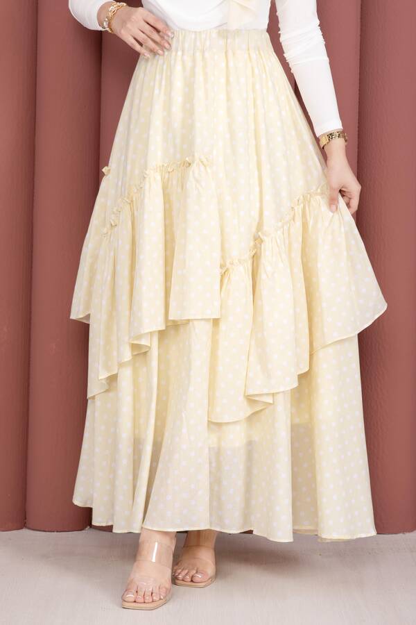 Sms - Parçalı Asimetrik Kesim Puantiyeli Etek Sarı (1)