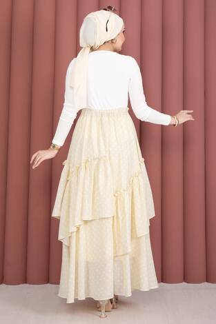 Parçalı Asimetrik Kesim Puantiyeli Etek Sarı - Thumbnail