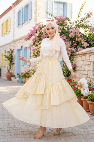 Parçalı Asimetrik Kesim Puantiyeli Etek Sarı - Thumbnail