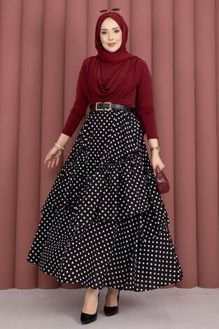Parçalı Asimetrik Kesim Puantiyeli Etek Siyah - Thumbnail