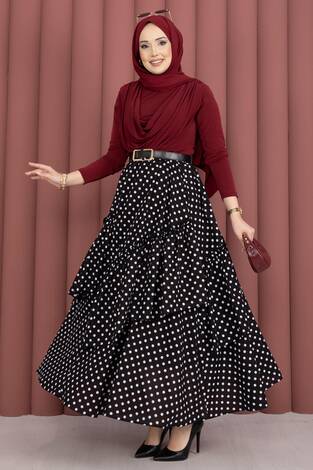 Parçalı Asimetrik Kesim Puantiyeli Etek Siyah - Thumbnail