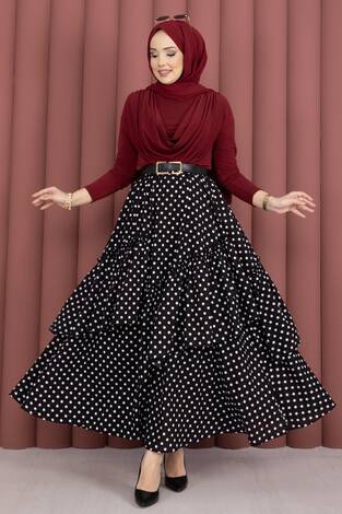 Parçalı Asimetrik Kesim Puantiyeli Etek Siyah - Thumbnail