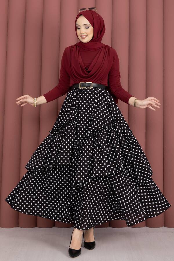 Sms - Parçalı Asimetrik Kesim Puantiyeli Etek Siyah