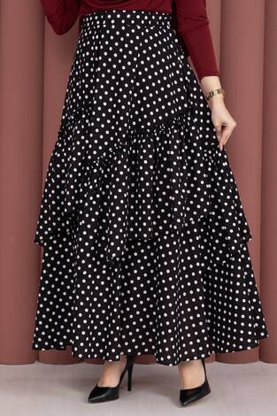 Parçalı Asimetrik Kesim Puantiyeli Etek Siyah - Thumbnail