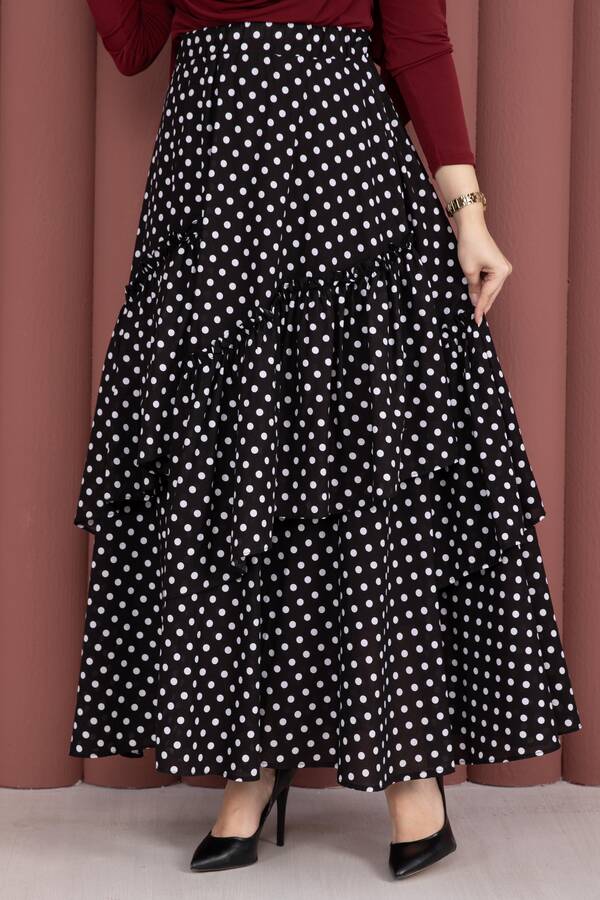 Sms - Parçalı Asimetrik Kesim Puantiyeli Etek Siyah (1)