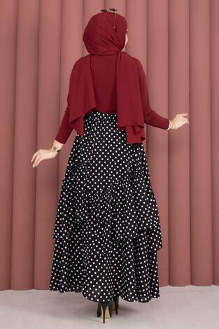 Parçalı Asimetrik Kesim Puantiyeli Etek Siyah - Thumbnail