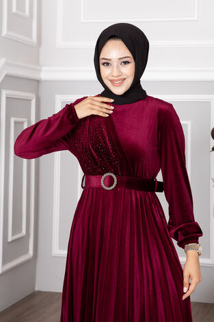 Parıltılı Tesettür Elbise Abie Bordo - Thumbnail