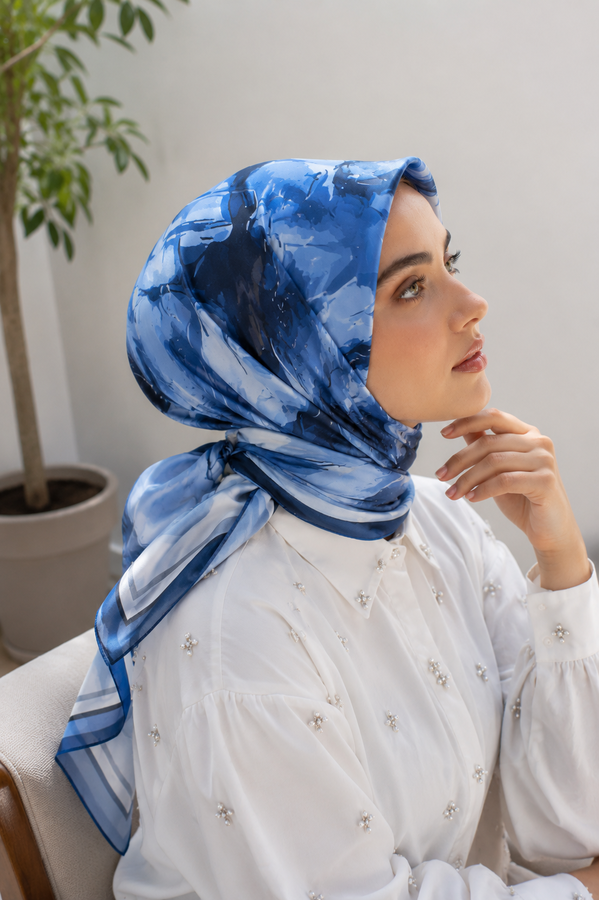 Ecn - Pastel Çiçek Desen Eşarp Serisi Lacivert