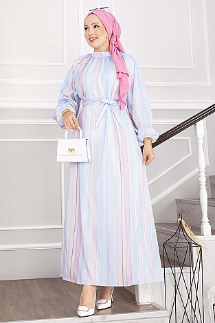 Pastel Çizgili Kuşaklı Elbise Bebe Mavisi - 1