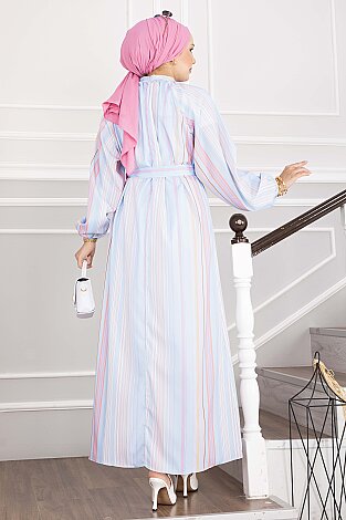 Pastel Çizgili Kuşaklı Elbise Bebe Mavisi - 5