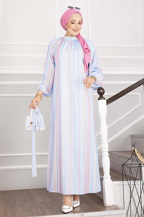 Pastel Çizgili Kuşaklı Elbise Bebe Mavisi - 3
