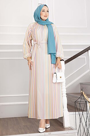 Pastel Çizgili Kuşaklı Elbise Sarı - 4
