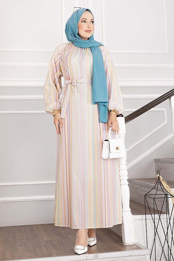 Pastel Çizgili Kuşaklı Elbise Sarı - 4