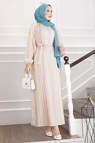 Pastel Çizgili Kuşaklı Elbise Sarı 