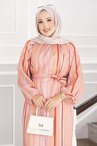 Pastel Çizgili Kuşaklı Elbise Somon - 2