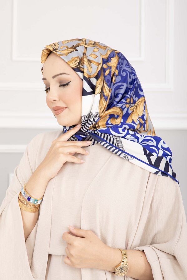 Ecn - Patchwork Desen Eşarp Serisi Saks (1)