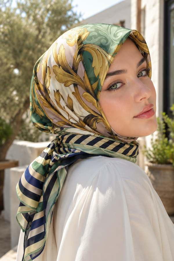 Ecn - Patchwork Desen Eşarp Serisi Yeşil
