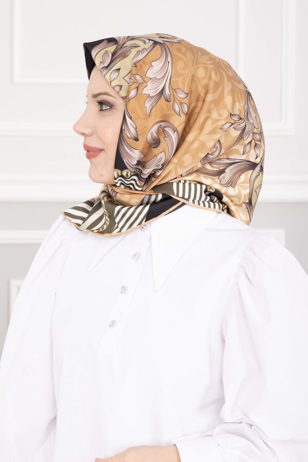 Ecn - Patchwork Desen Eşarp Serisi Yeşil Olive