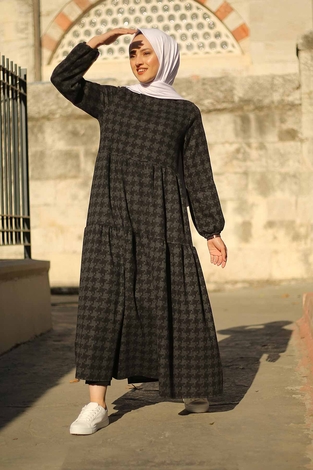Patterned Dress 10092-1 black color - Thumbnail