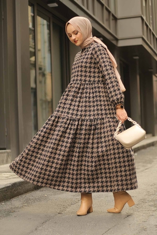Patterned Dress 10092-3 Coffee color - Thumbnail