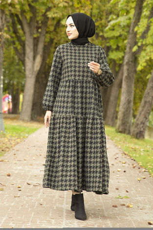 Patterned Dress 10092-5 Khaki - Thumbnail