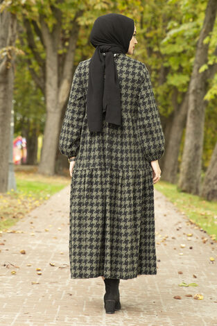 Patterned Dress 10092-5 Khaki - Thumbnail